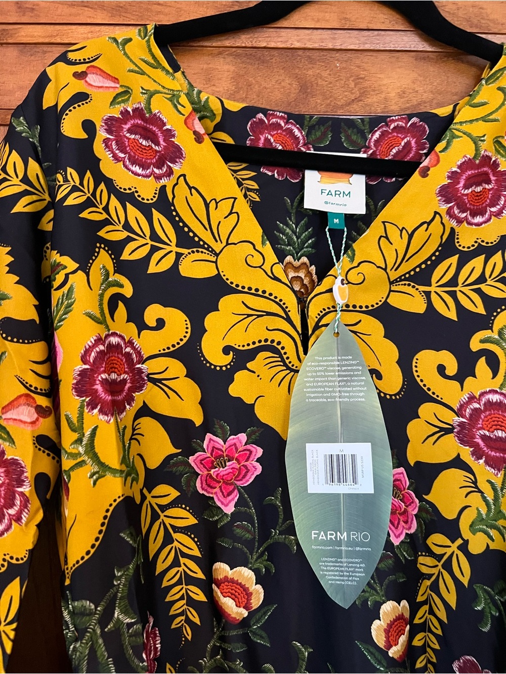FARM Rio Black Floral Arabesque Maxi Dress with Mustard and Pink Accents - Picture 2 of 8